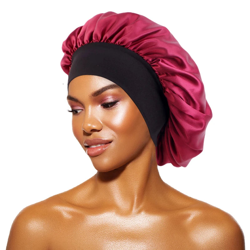 Women's Satin Sleep Bonnet – Wide Brim Night Cap with Elastic Band, 28 Colors