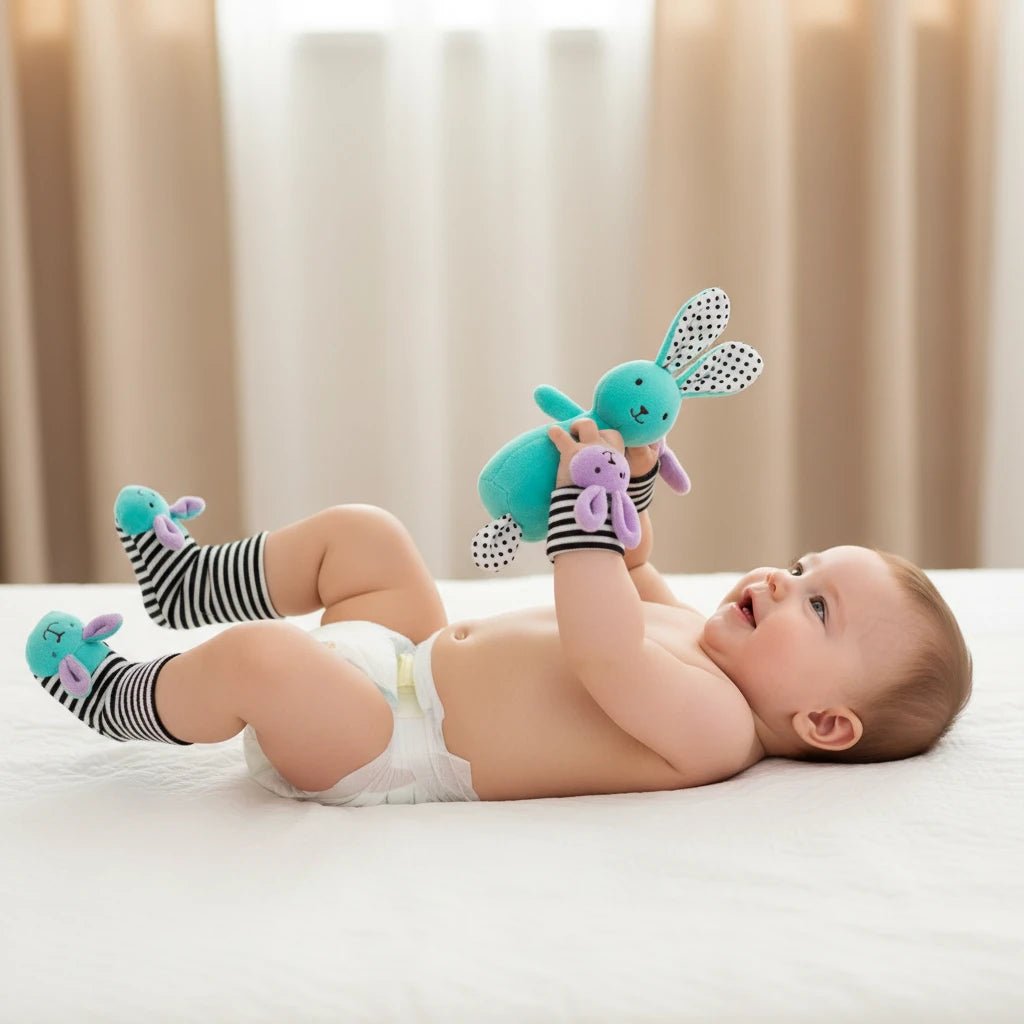 4-Piece Baby Rattle Socks & Wrist Strap Set — Animal Foot Socks & Bug Wrist Rattles for Babies 0–12 Months - Babytopia32