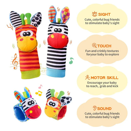 4-Piece Baby Rattle Socks & Wrist Strap Set — Animal Foot Socks & Bug Wrist Rattles for Babies 0–12 Months - Babytopia32