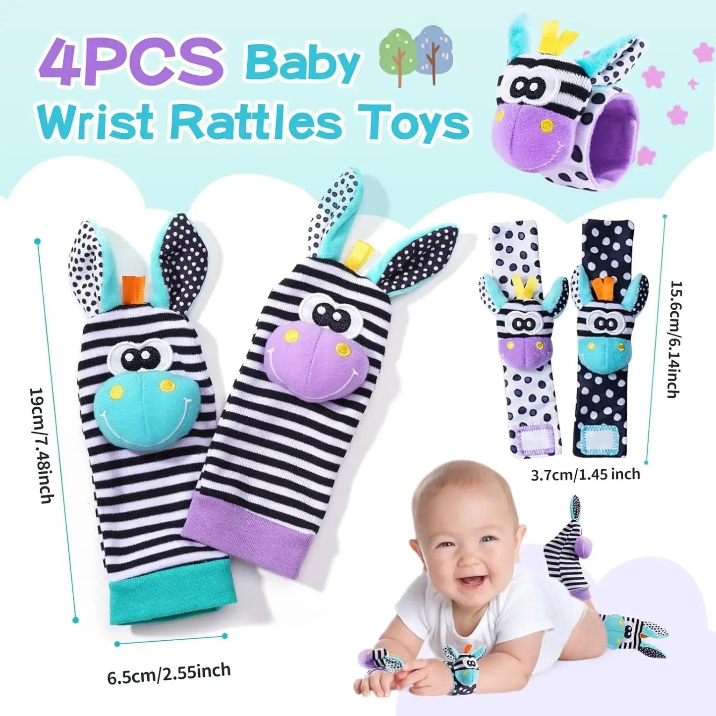 4-Piece Baby Rattle Socks & Wrist Strap Set — Animal Foot Socks & Bug Wrist Rattles for Babies 0–12 Months - Babytopia32