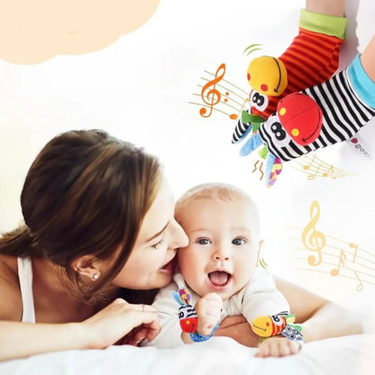 4-Piece Baby Rattle Socks & Wrist Strap Set — Animal Foot Socks & Bug Wrist Rattles for Babies 0–12 Months - Babytopia32