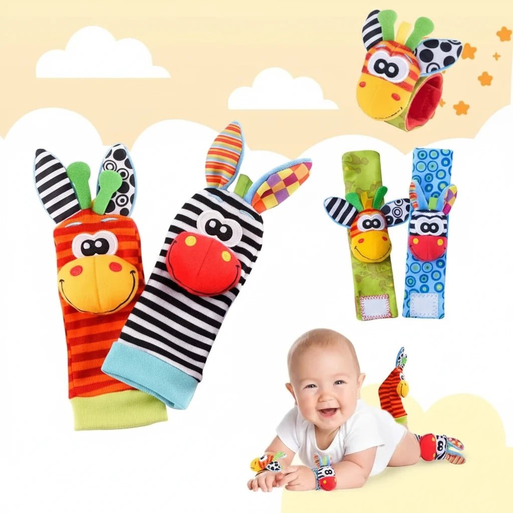 4-Piece Baby Rattle Socks & Wrist Strap Set — Animal Foot Socks & Bug Wrist Rattles for Babies 0–12 Months - Babytopia32