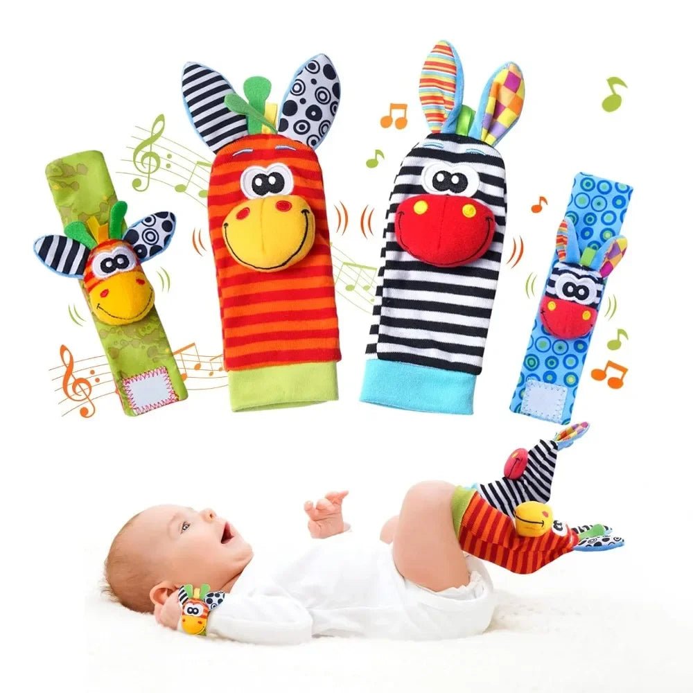 4-Piece Baby Rattle Socks & Wrist Strap Set — Animal Foot Socks & Bug Wrist Rattles for Babies 0–12 Months - Babytopia32