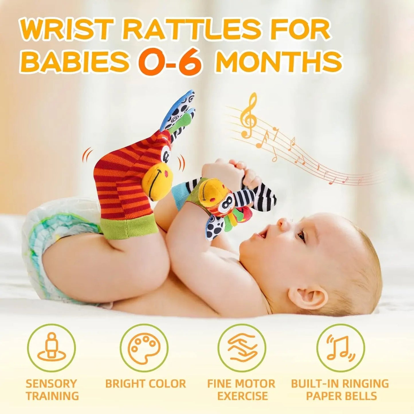 4-Piece Baby Rattle Socks & Wrist Strap Set — Animal Foot Socks & Bug Wrist Rattles for Babies 0–12 Months - Babytopia32