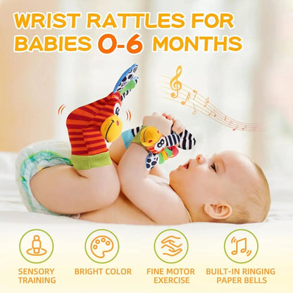 4-Piece Baby Rattle Socks & Wrist Strap Set — Animal Foot Socks & Bug Wrist Rattles for Babies 0–12 Months - Babytopia32