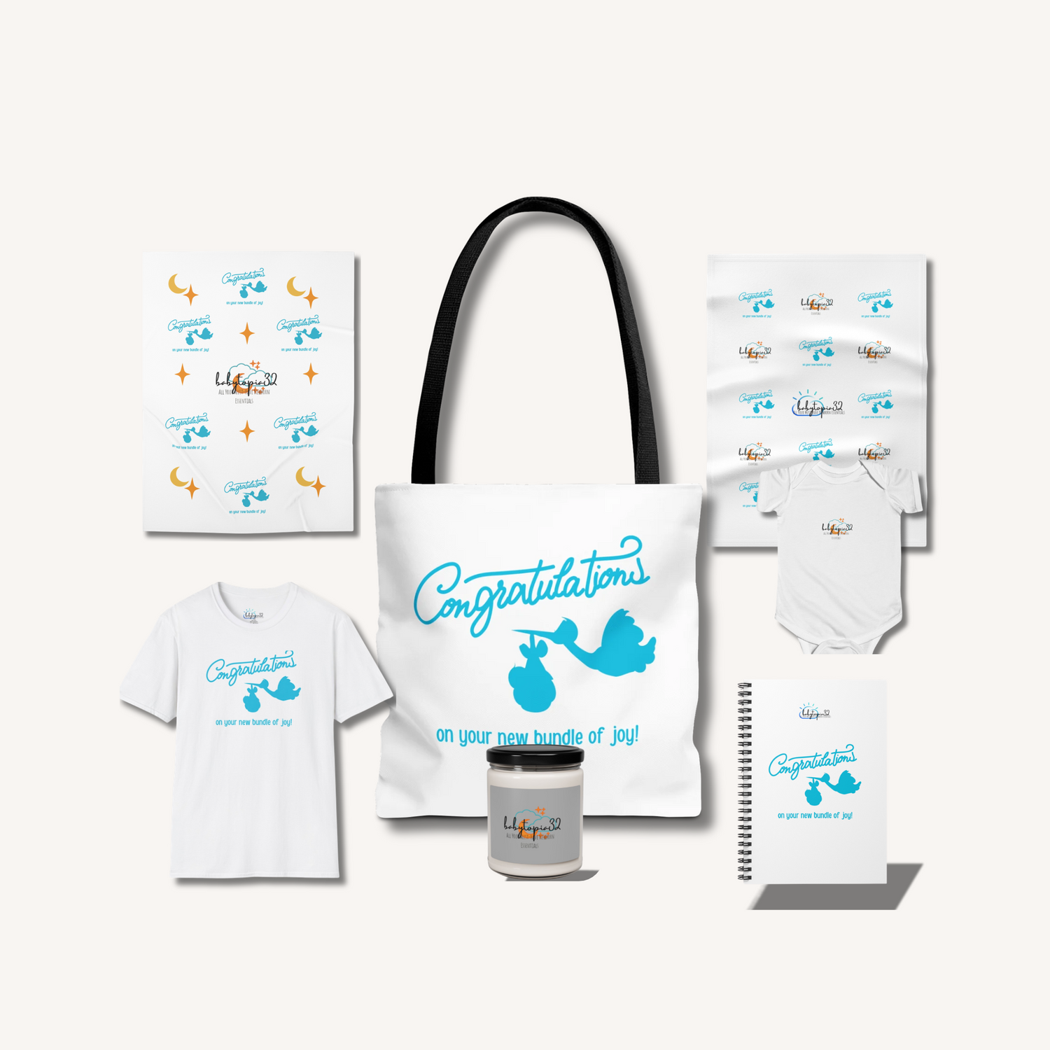 Collection of baby-themed products including a tote bag, t-shirt, and baby clothes on a white background.