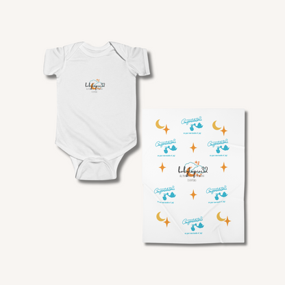 White baby onesie with colorful graphics on a white background