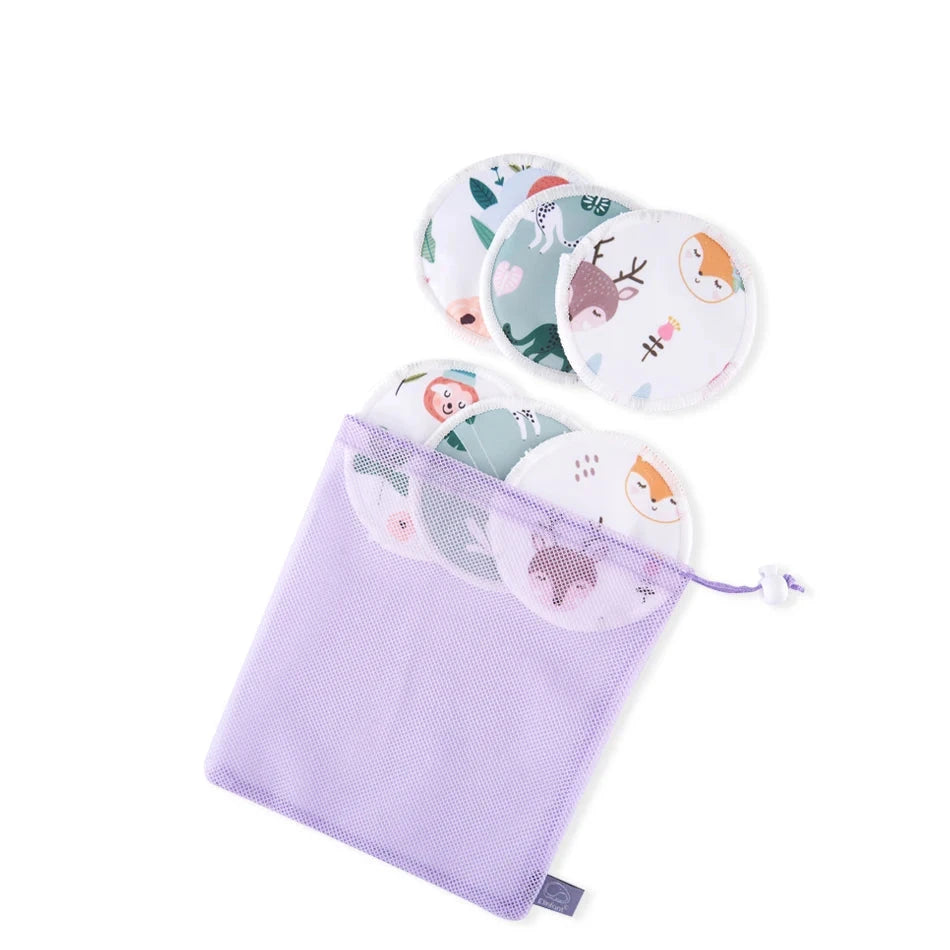 A lavender mesh drawstring pouch containing round reusable baby wipes with a colorful forest and animal print, shown on a white background with a model number label 'ES067-M' at the top.