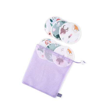 A lavender mesh drawstring pouch containing round reusable baby wipes with a colorful forest and animal print, shown on a white background with a model number label 'ES067-M' at the top.