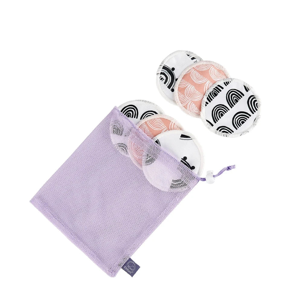 A lavender mesh drawstring pouch containing reusable cloth napkins with black and peach wave patterns on a white background, with a purple color label showing 'E' at the top.