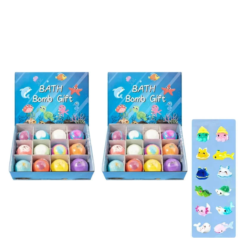 Two boxes of bath bomb gift sets with colorful bath bombs and an underwater-themed design.