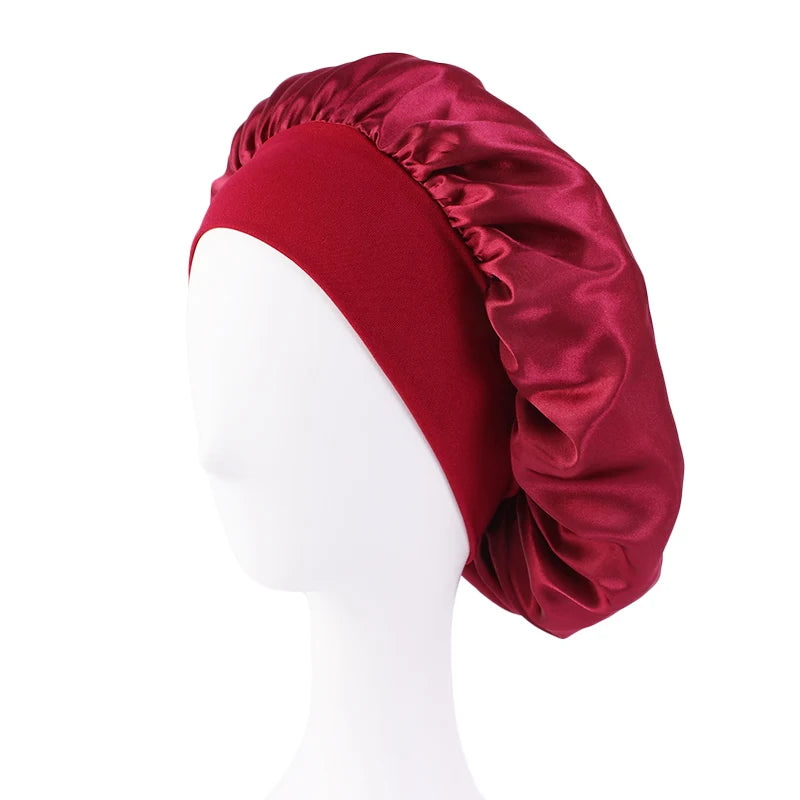 Women's Satin Sleep Bonnet – Wide Brim Night Cap with Elastic Band, 28 Colors