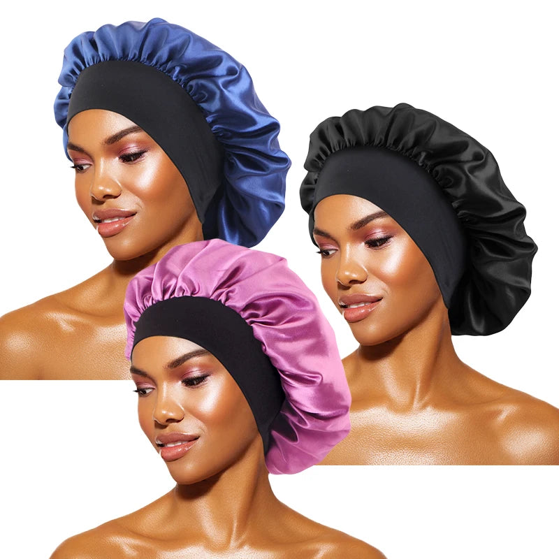 Women's Satin Sleep Bonnet – Wide Brim Night Cap with Elastic Band, 28 Colors