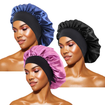 Women's Satin Sleep Bonnet – Wide Brim Night Cap with Elastic Band, 28 Colors