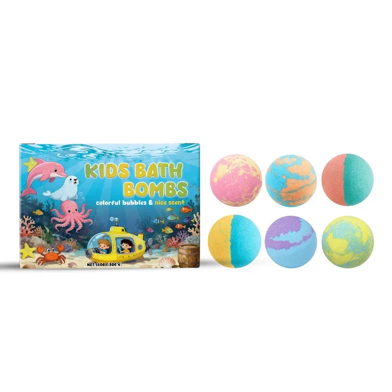 Set of colorful bath bombs with a packaging box featuring marine life illustrations on a white background.