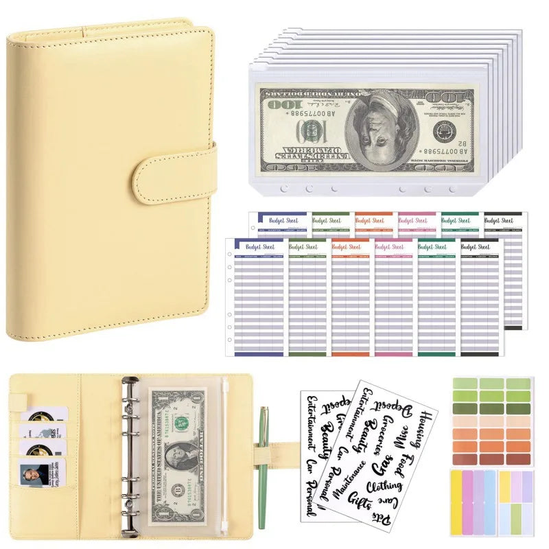 PU Leather Budget Binder | A6 Cash Envelope Wallet with Zipper Pockets | Money Saving Planner