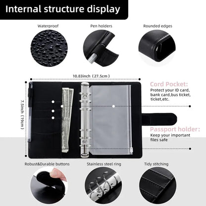 PU Leather Budget Binder | A6 Cash Envelope Wallet with Zipper Pockets | Money Saving Planner