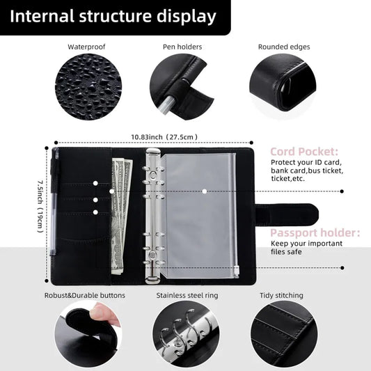 PU Leather Budget Binder | A6 Cash Envelope Wallet with Zipper Pockets | Money Saving Planner