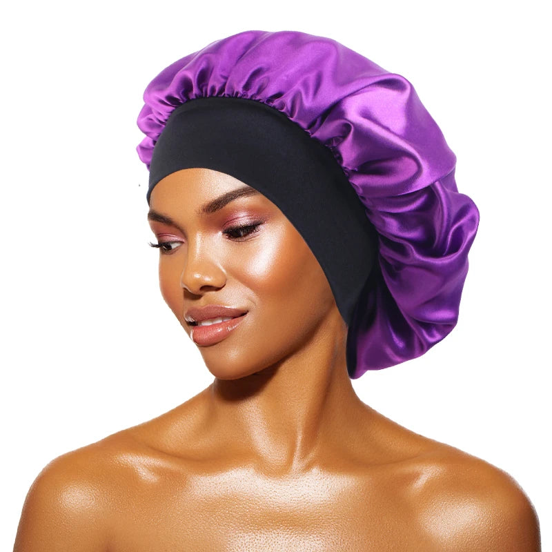 Women's Satin Sleep Bonnet – Wide Brim Night Cap with Elastic Band, 28 Colors