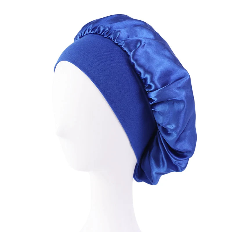 Women's Satin Sleep Bonnet – Wide Brim Night Cap with Elastic Band, 28 Colors