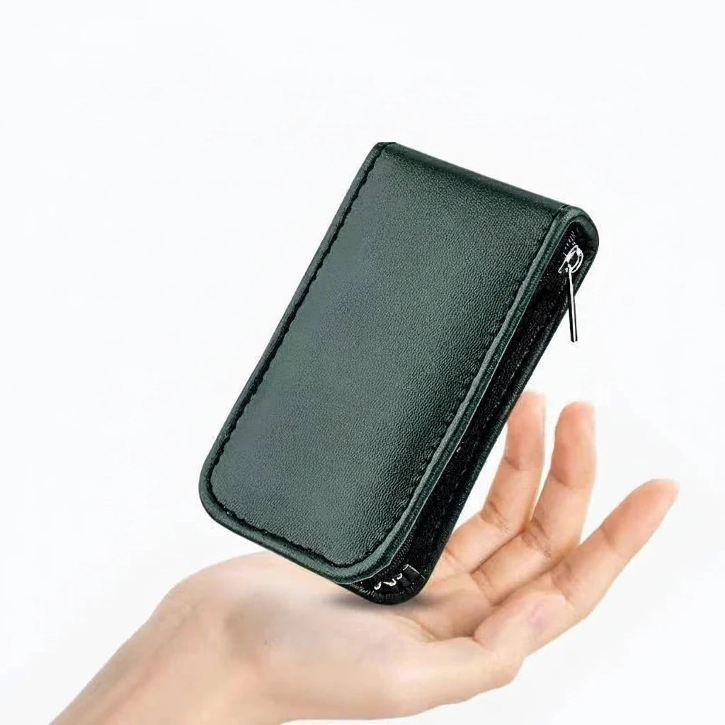 Green zippered case held in a hand with promotional text about convenient storage.
