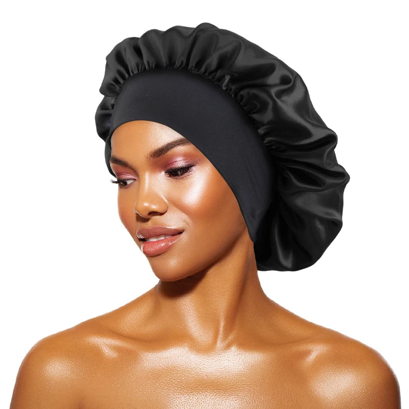 Women's Satin Sleep Bonnet – Wide Brim Night Cap with Elastic Band, 28 Colors