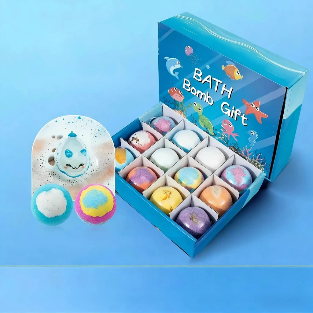 Box of ocean-themed bath bombs with colorful packaging on a blue background