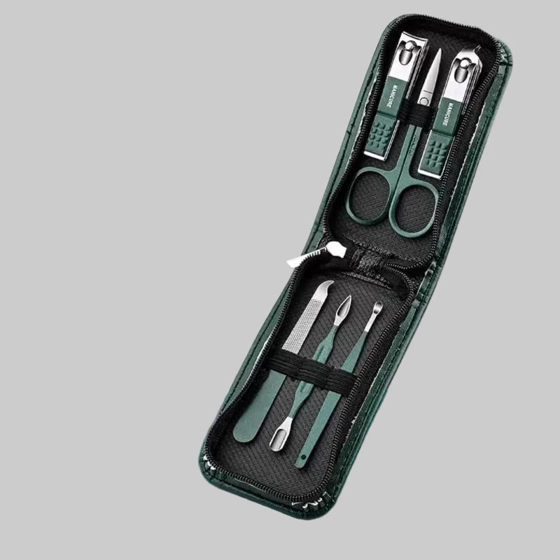 Manicure set with green case on a white and teal background