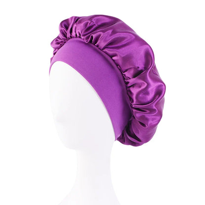 Women's Satin Sleep Bonnet – Wide Brim Night Cap with Elastic Band, 28 Colors