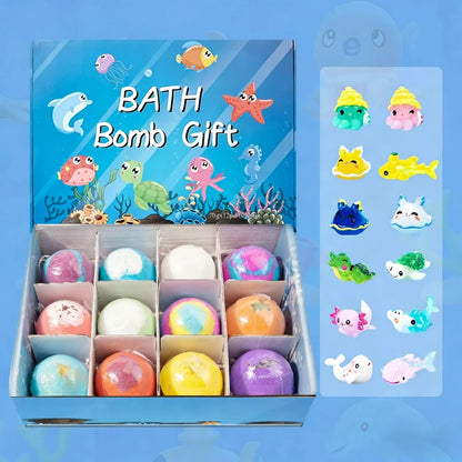 Bath bomb gift set with ocean-themed packaging and illustrations on a blue background
