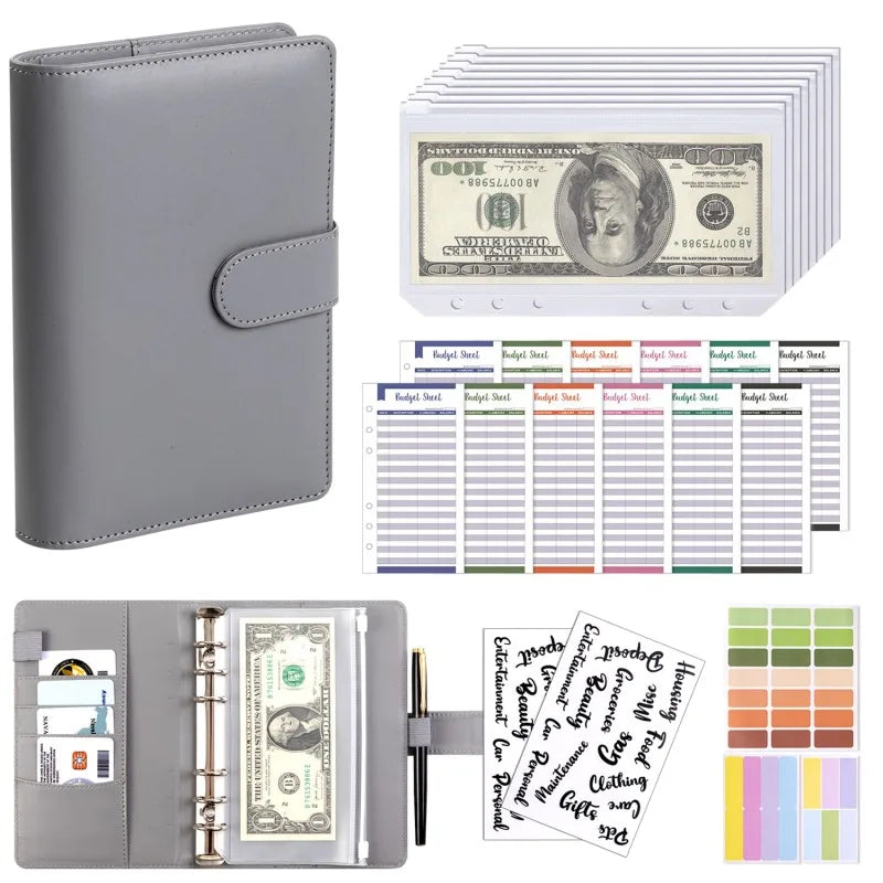 PU Leather Budget Binder | A6 Cash Envelope Wallet with Zipper Pockets | Money Saving Planner