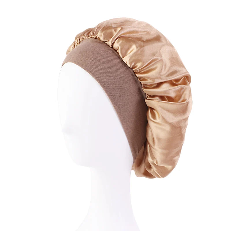 Women's Satin Sleep Bonnet – Wide Brim Night Cap with Elastic Band, 28 Colors