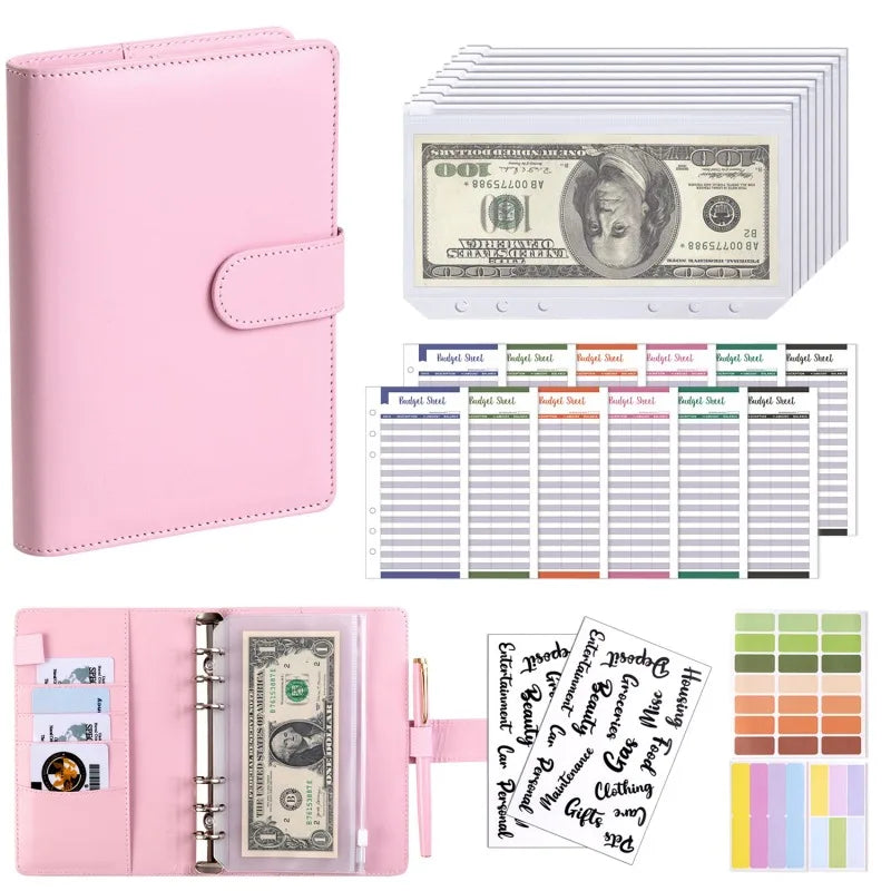 PU Leather Budget Binder | A6 Cash Envelope Wallet with Zipper Pockets | Money Saving Planner