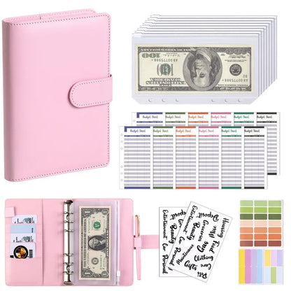 PU Leather Budget Binder | A6 Cash Envelope Wallet with Zipper Pockets | Money Saving Planner
