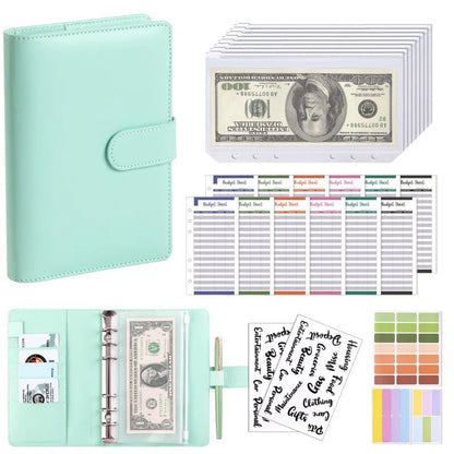 PU Leather Budget Binder | A6 Cash Envelope Wallet with Zipper Pockets | Money Saving Planner