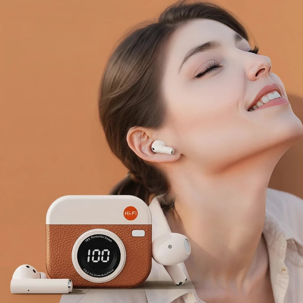 Woman wearing wireless earbuds with a stylish case on a brown background, featuring text about comfort.