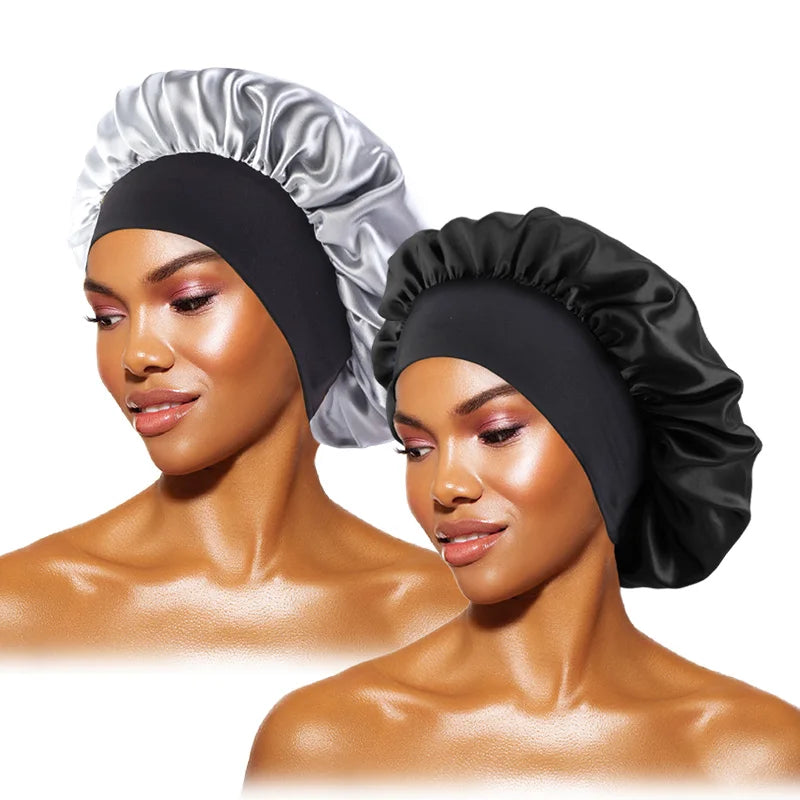 Women's Satin Sleep Bonnet – Wide Brim Night Cap with Elastic Band, 28 Colors