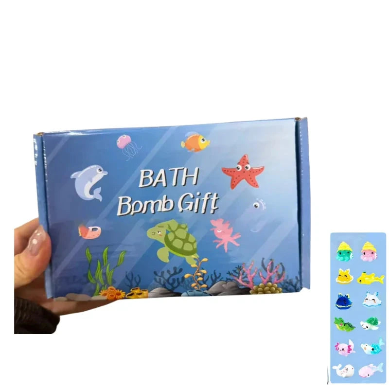 Bath bomb gift set packaging with underwater theme and '6pcs/1Box' text.