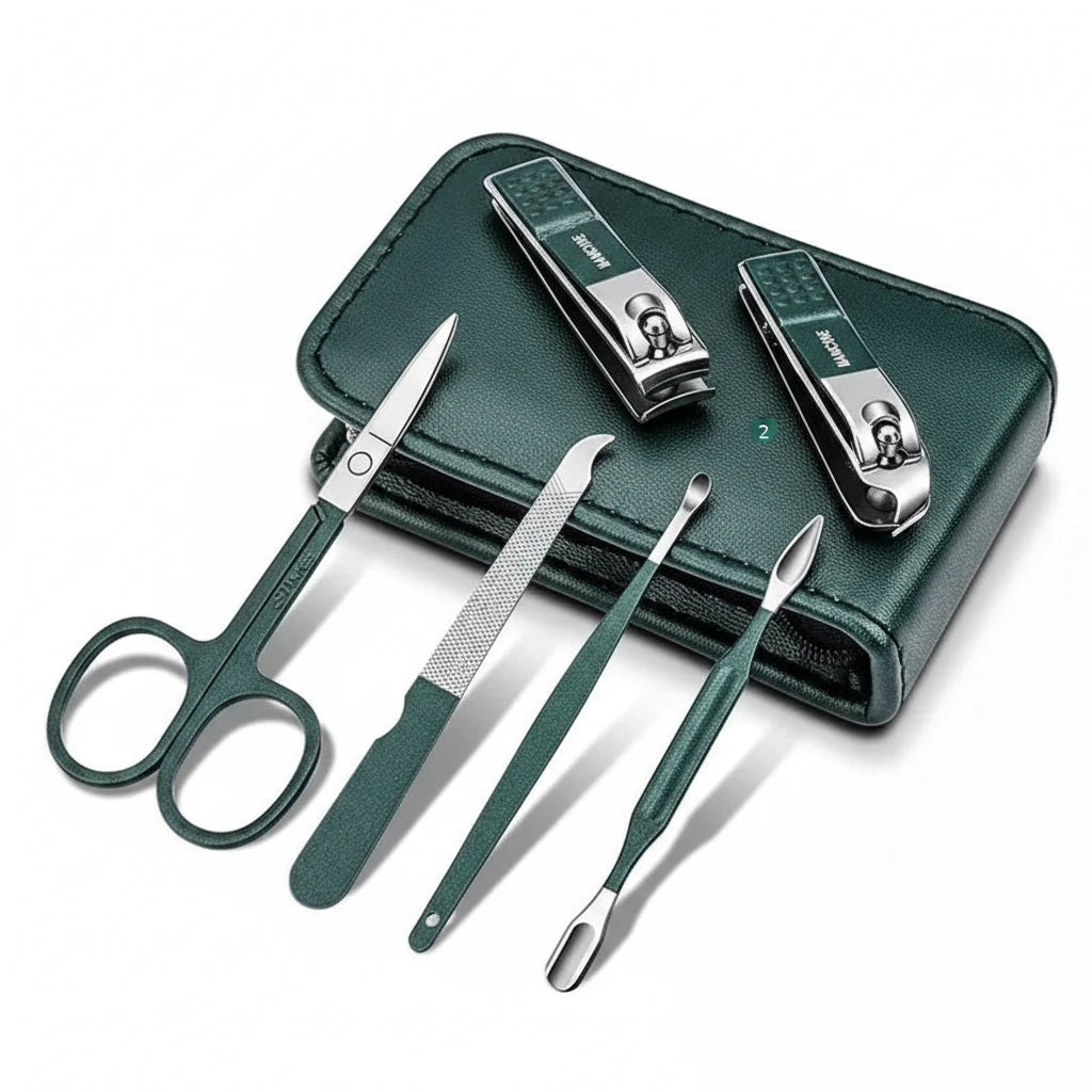 Set of nail care tools including scissors, clippers, and a case on a white background