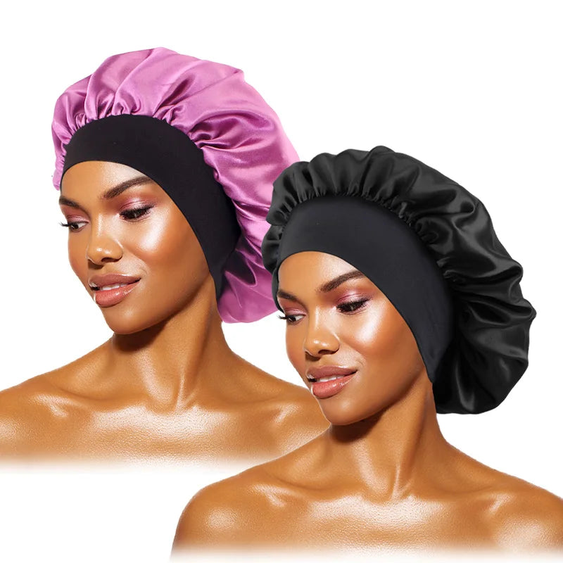 Women's Satin Sleep Bonnet – Wide Brim Night Cap with Elastic Band, 28 Colors