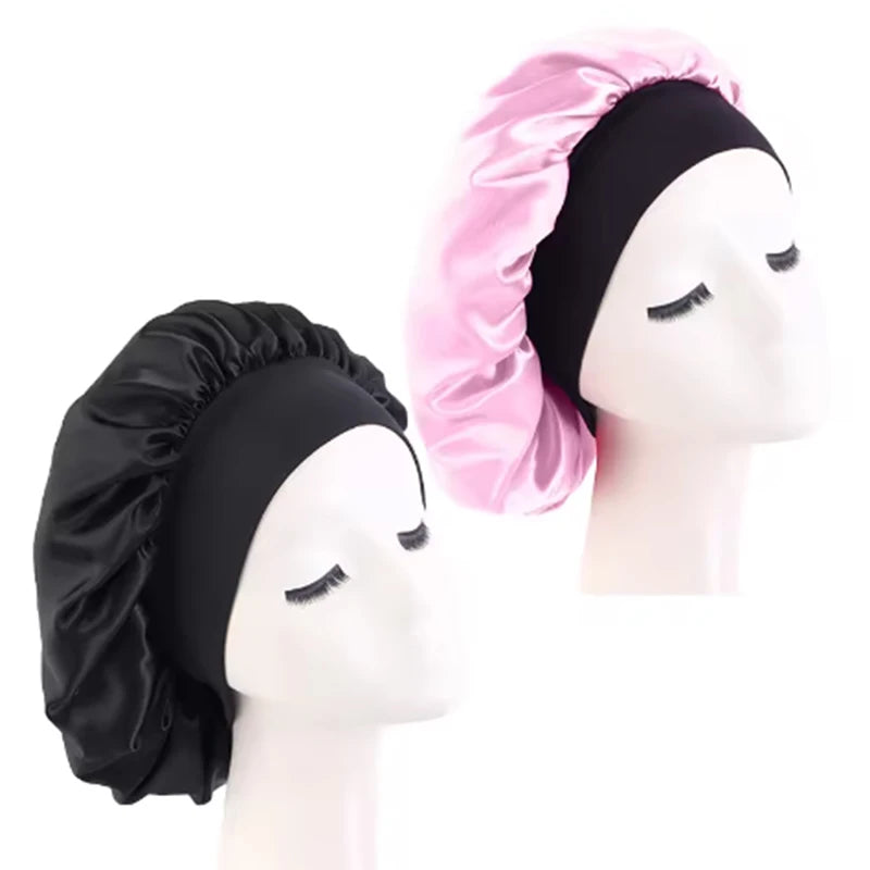 Women's Satin Sleep Bonnet – Wide Brim Night Cap with Elastic Band, 28 Colors