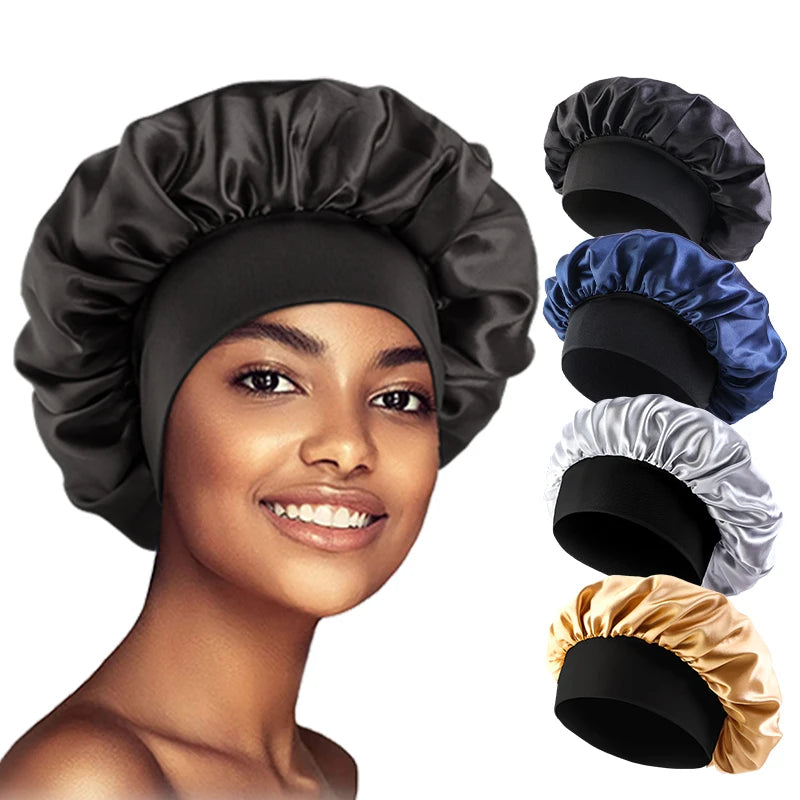 Women's Satin Sleep Bonnet – Wide Brim Night Cap with Elastic Band, 28 Colors