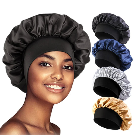 Women's Satin Sleep Bonnet – Wide Brim Night Cap with Elastic Band, 28 Colors