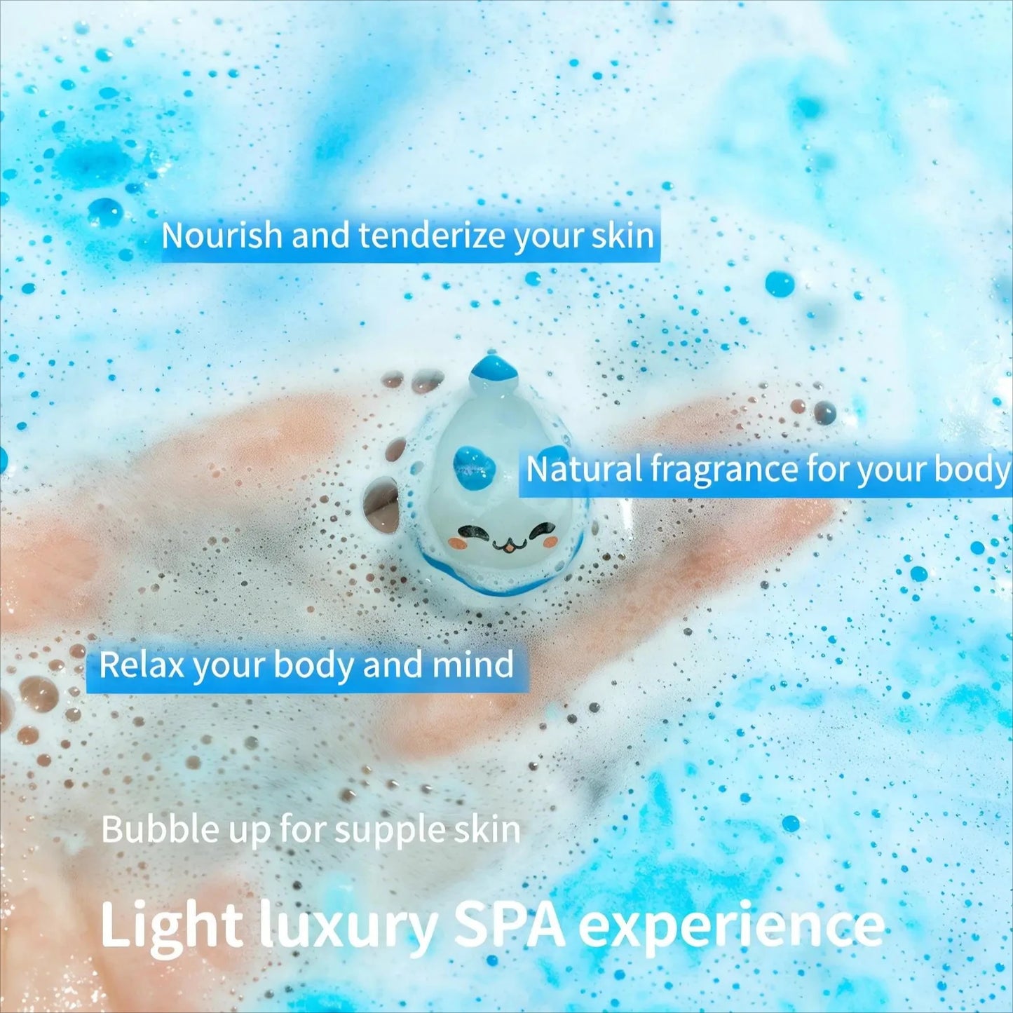Bottle of bubble bath with text highlighting its benefits on a blue and white background