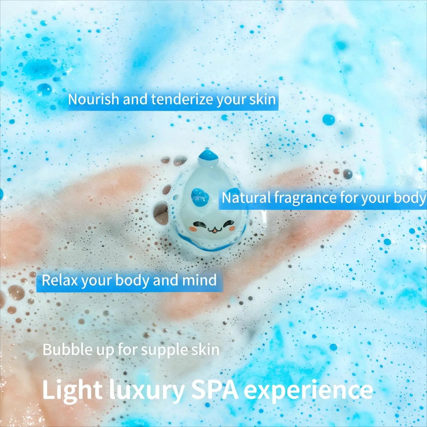 Bottle of bubble bath with text highlighting its benefits on a blue and white background