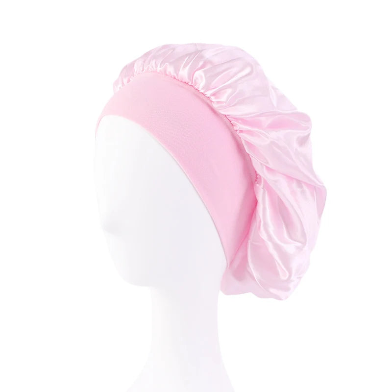 Women's Satin Sleep Bonnet – Wide Brim Night Cap with Elastic Band, 28 Colors
