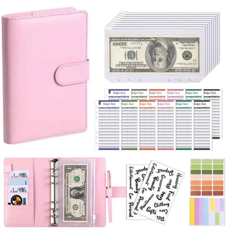 PU Leather Budget Binder | A6 Cash Envelope Wallet with Zipper Pockets | Money Saving Planner