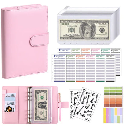 PU Leather Budget Binder | A6 Cash Envelope Wallet with Zipper Pockets | Money Saving Planner