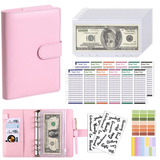 PU Leather Budget Binder | A6 Cash Envelope Wallet with Zipper Pockets | Money Saving Planner