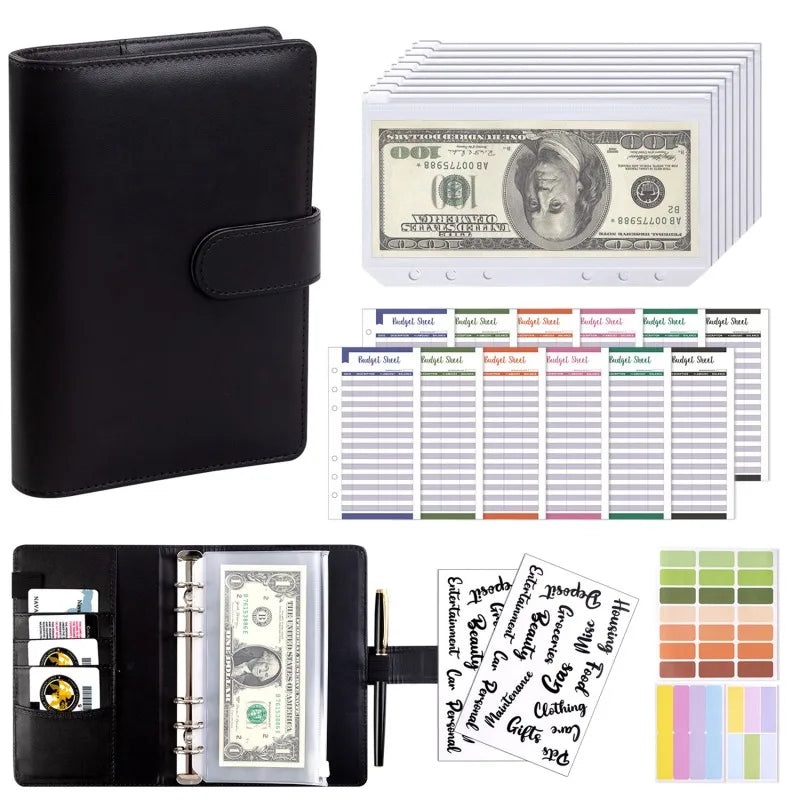 PU Leather Budget Binder | A6 Cash Envelope Wallet with Zipper Pockets | Money Saving Planner